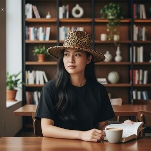 NWT Brown Leopard Print Wide Brim Fedora Hat with Brown Belt Buckle!